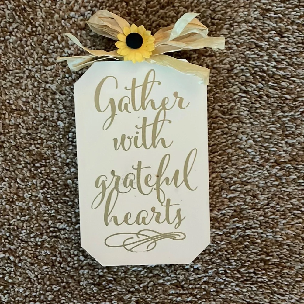 Thanksgiving “Gather with Grateful Hearts” beige wooden sign